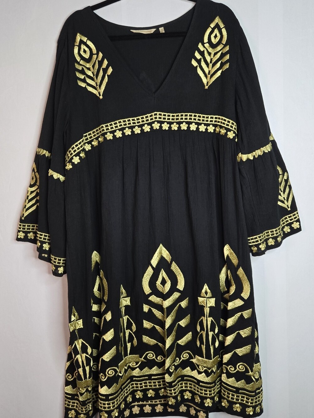 Soft Surroundings Size 1X Black Empire Waist Dress/loungewear, Gold Embroidery